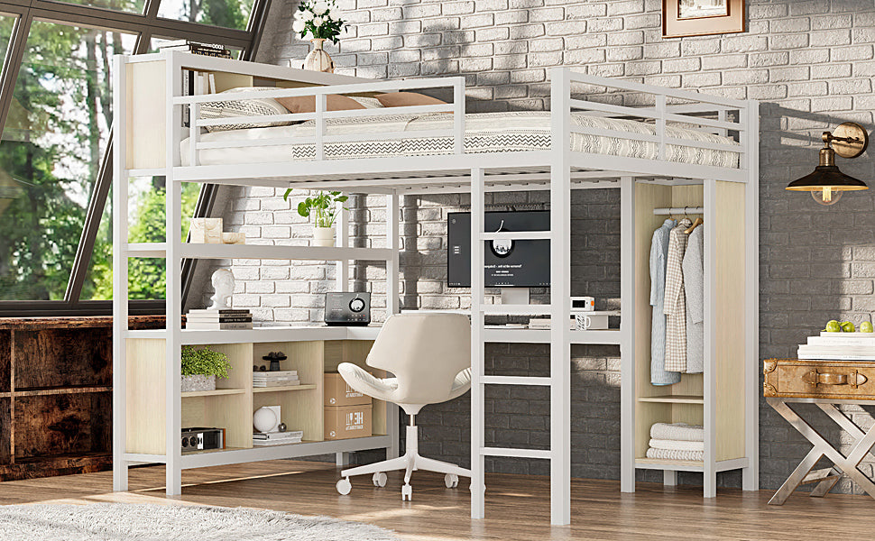 Metal Loft Bed with Wardrobe And L-shaped Desk, Queen Size Loft Bed with Storage Cubes and Shelves, Heavy Duty Loft Bed for Kids Teens Adults, White Wood-grain