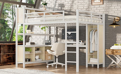 Metal Loft Bed with Wardrobe And L-shaped Desk, Queen Size Loft Bed with Storage Cubes and Shelves, Heavy Duty Loft Bed for Kids Teens Adults, White Wood-grain