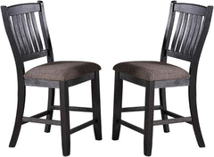 Transitional Dining Room 7pc Set Dark Coffee Rubberwood Counter Height Dining Table w 2x Shelfs and 6x High Chairs Fabric Upholstered seats Unique Back Counter Height Chairs