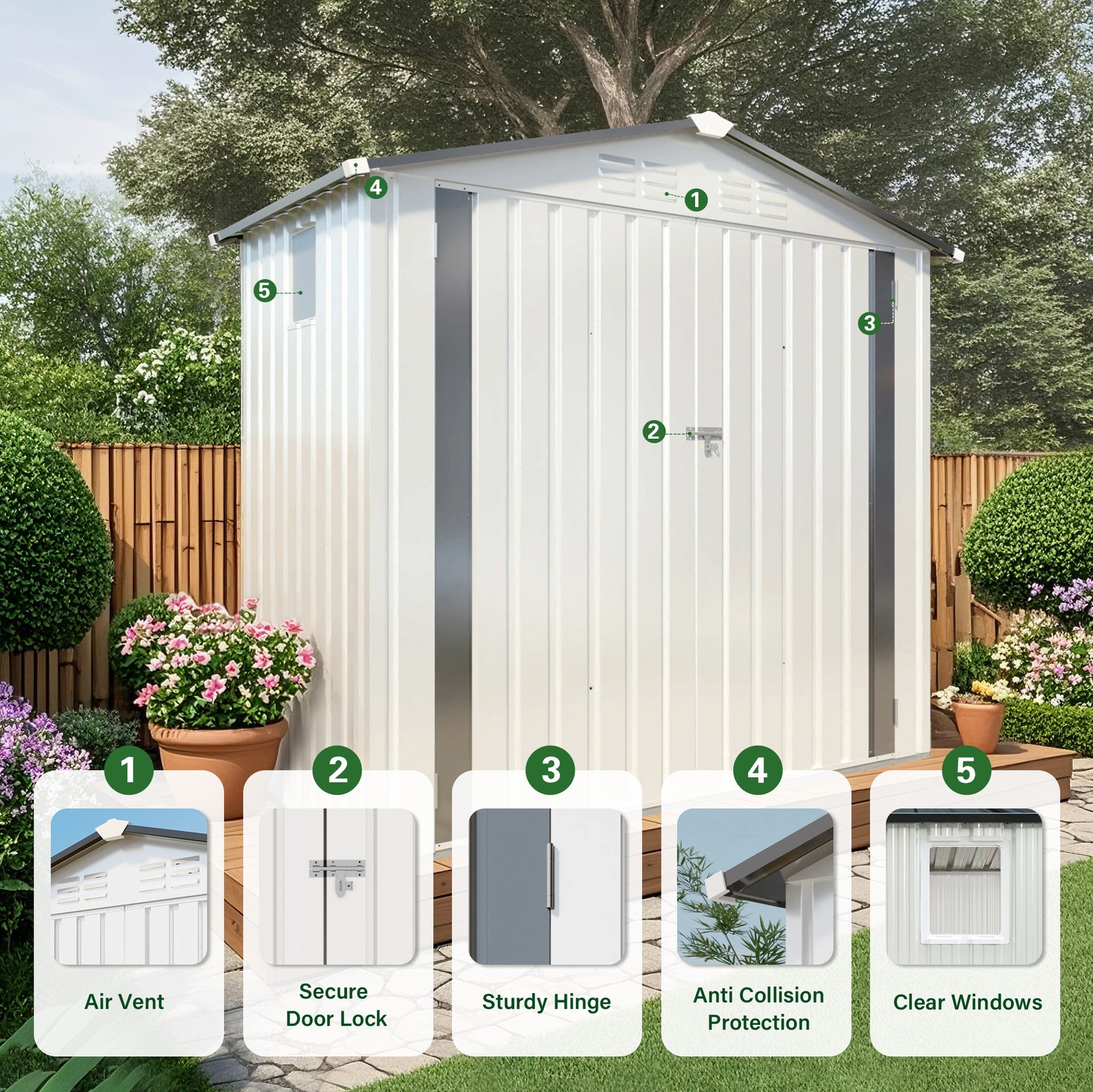 6X3.6FT Metal Storage Shed,Tool Shed with Peaked Roof Waterproof with Clear Window and Lockable Door Compact Tool Shed for Garden, Backyard,Patio,Sundries and Bike Storage, White