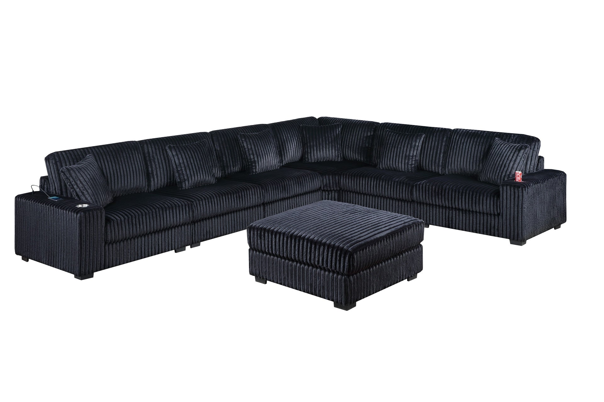 Contemporary Modern 7-PC Modular L-Sectional Sofa Set USB Cup Holder Black Corduroy Living Room Furniture Ottoman