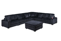 Contemporary Modern 7-PC Modular L-Sectional Sofa Set USB Cup Holder Black Corduroy Living Room Furniture Ottoman