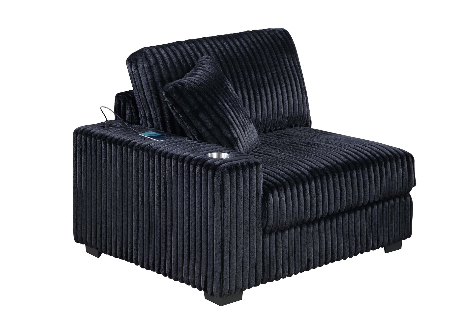 Contemporary Modern 7-PC Modular L-Sectional Sofa Set USB Cup Holder Black Corduroy Living Room Furniture Ottoman