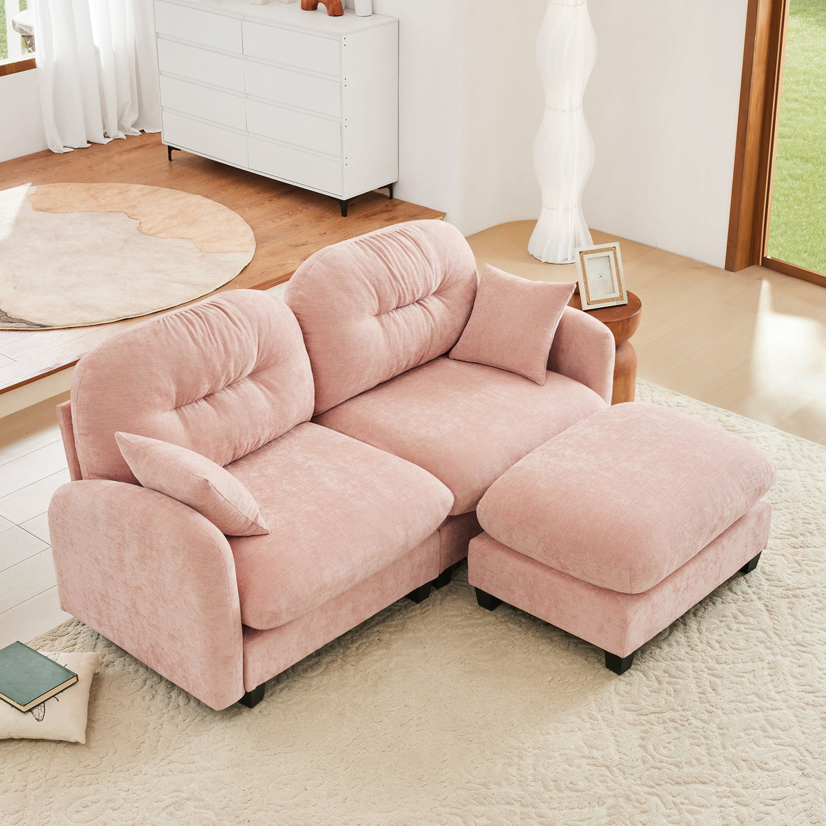 Cloud Sectional L-Shaped Couch With Ottoman,Soft Chenille Fabric,Tufted Cushion Backrest Design High-Density Foam,Fits Bedrooms Living Rooms Reading Nooks,Pink