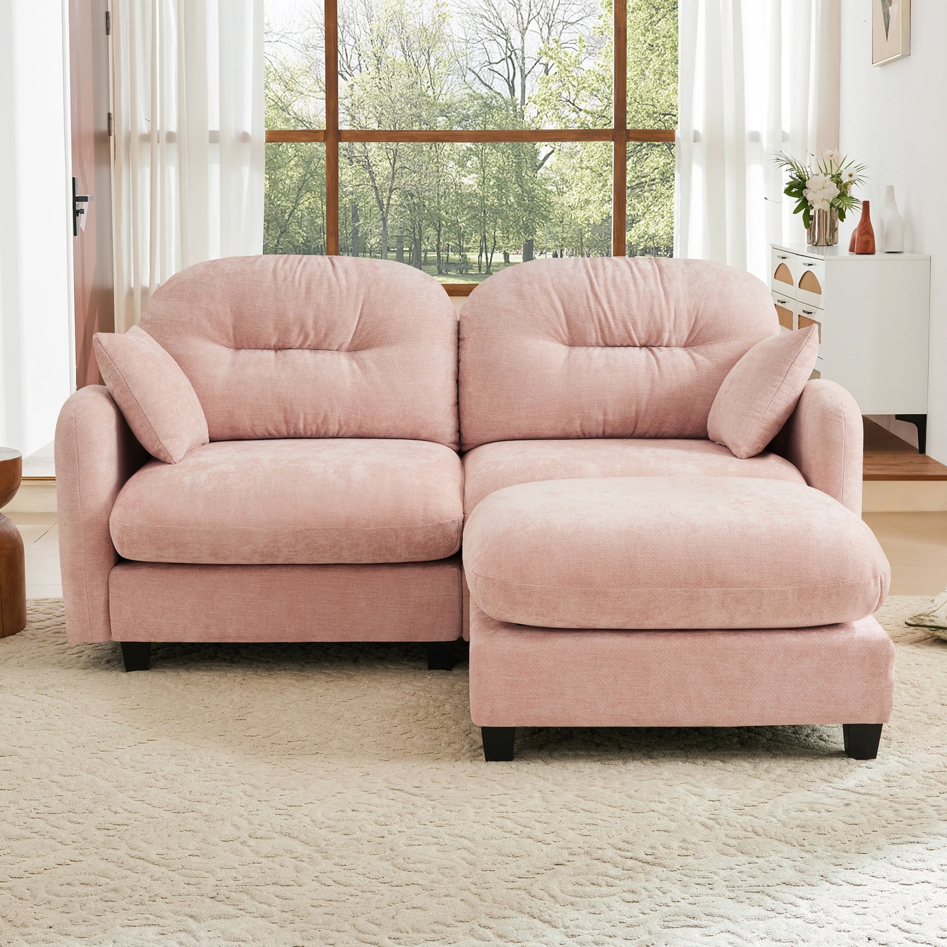 Cloud Sectional L-Shaped Couch With Ottoman,Soft Chenille Fabric,Tufted Cushion Backrest Design High-Density Foam,Fits Bedrooms Living Rooms Reading Nooks,Pink
