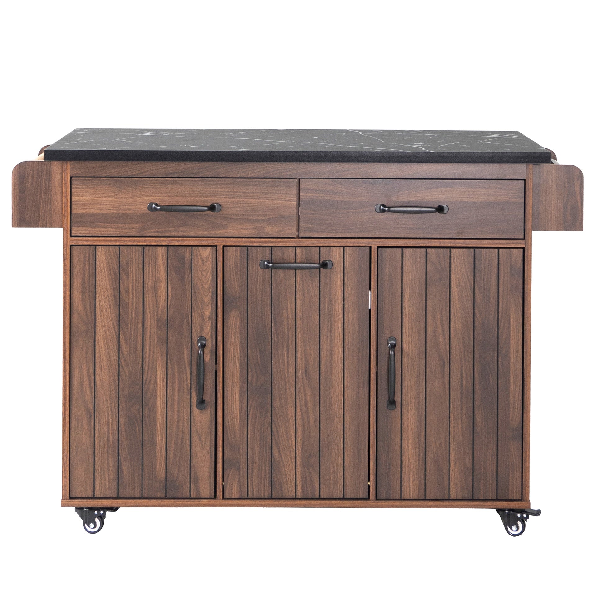 K&K Kitchen Island with Trash Can Storage Cabinet, Kitchen Cart with Drop Leaf, Spice Rack, Towel Rack and Drawer, Rolling Kitchen Island on Wheels with Adjustable Shelf, Walnut Brown