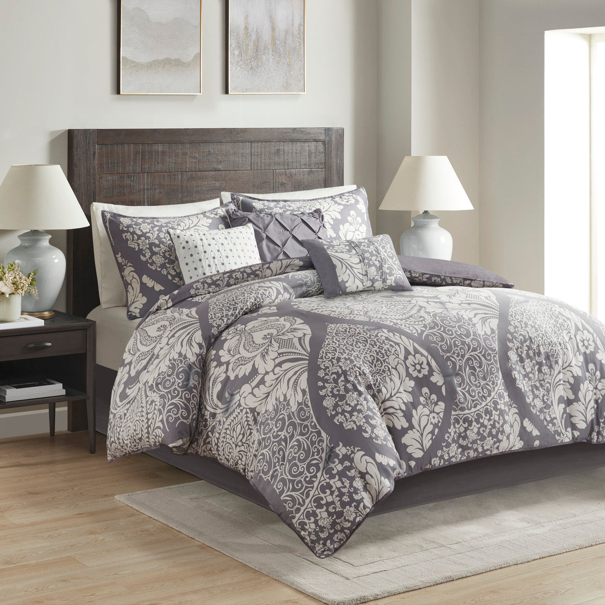 7 Piece Cotton Printed Comforter Set Grey King