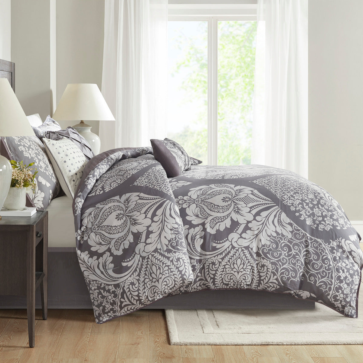 7 Piece Cotton Printed Comforter Set Grey King