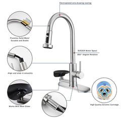 3-in-1 Kitchen Faucet with Press-Type Glass Rinser, High-Arc Pull-Down Sprayer Faucet, 3 Function Spray Mode, Brushed Nickel Finish, for Modern Kitchen Sink