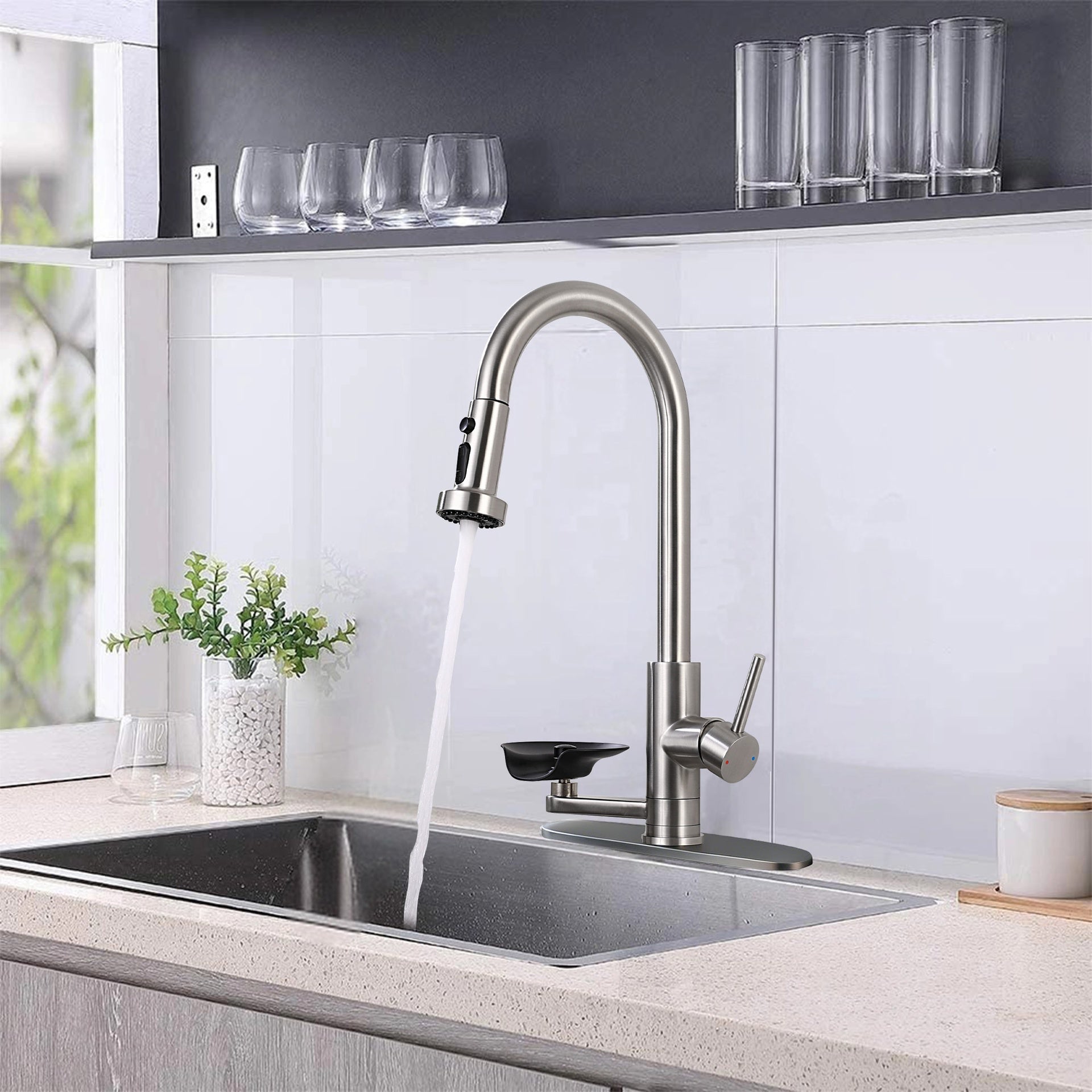 3-in-1 Kitchen Faucet with Press-Type Glass Rinser, High-Arc Pull-Down Sprayer Faucet, 3 Function Spray Mode, Brushed Nickel Finish, for Modern Kitchen Sink