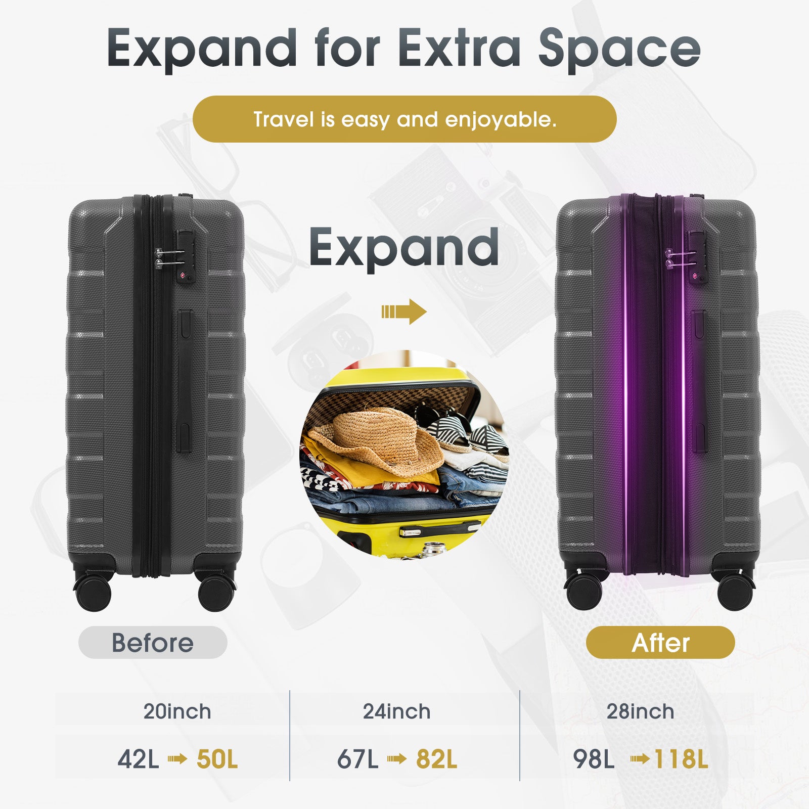 24 Inch Hardshell ABS Checked Luggage, Durable Expandable Travel Suitcase with Spinner Wheels, TSA Lock