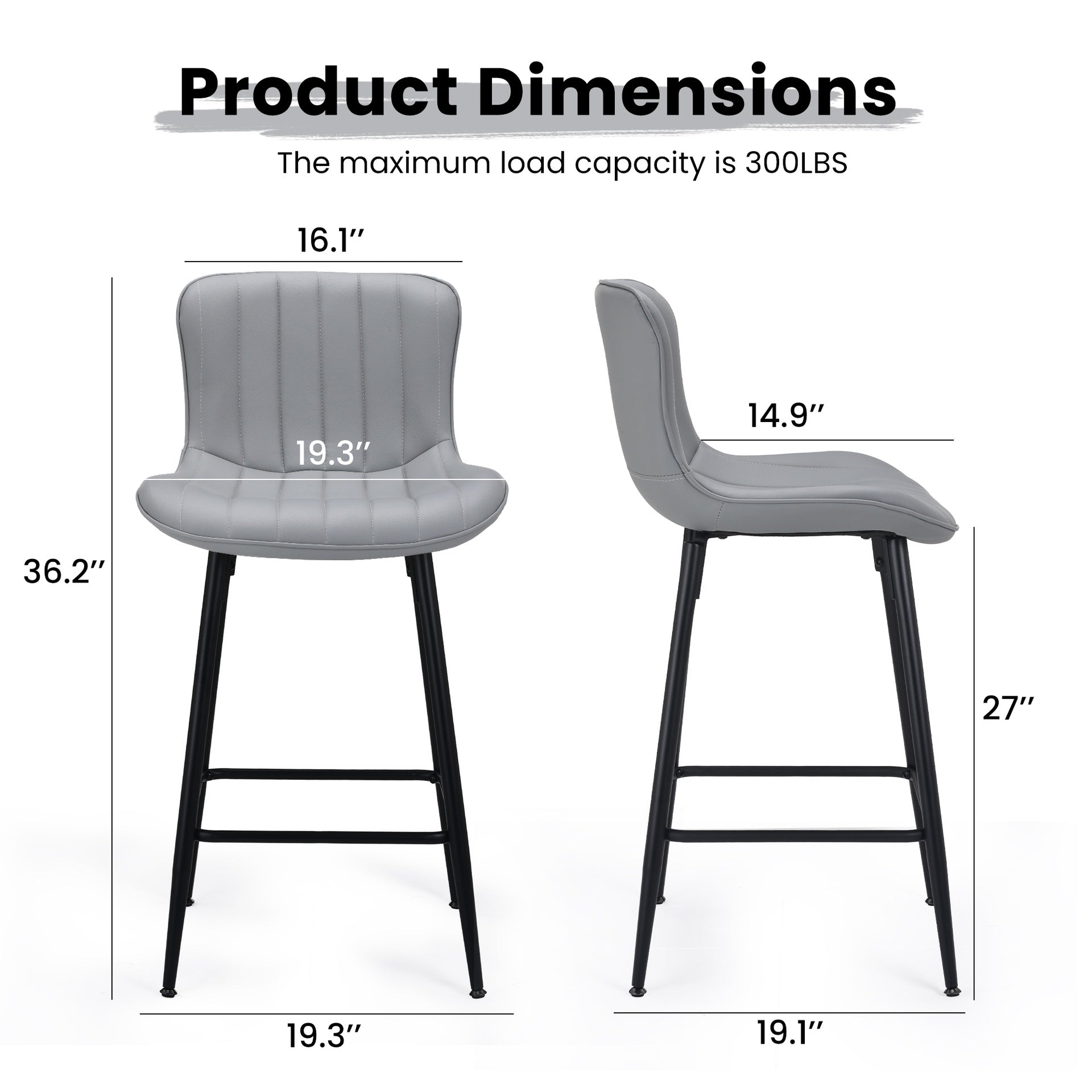 Counter Stools Set of 2, Faux Leather Kitchen & Dining Room Chairs for Dining Room, Counter Height Bar Stools,Mid Century Modern Dining Table Chairs with Metal Legs, Gray