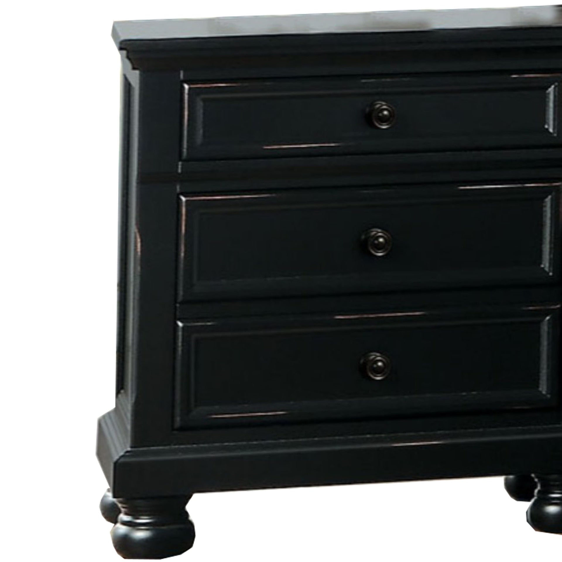 Transitional Style Two Drawer Wooden Night Stand with Round Bun Legs, Black
