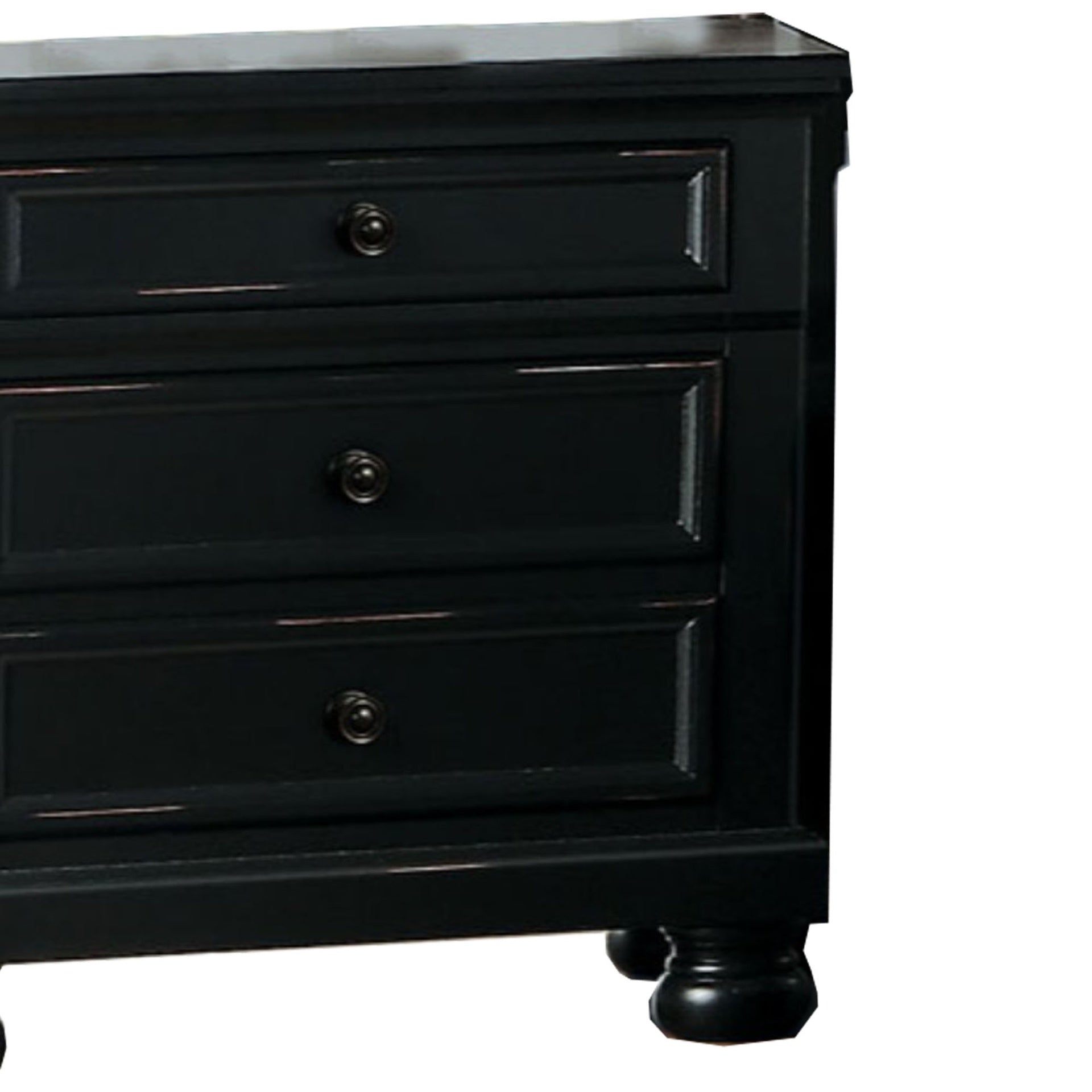 Transitional Style Two Drawer Wooden Night Stand with Round Bun Legs, Black