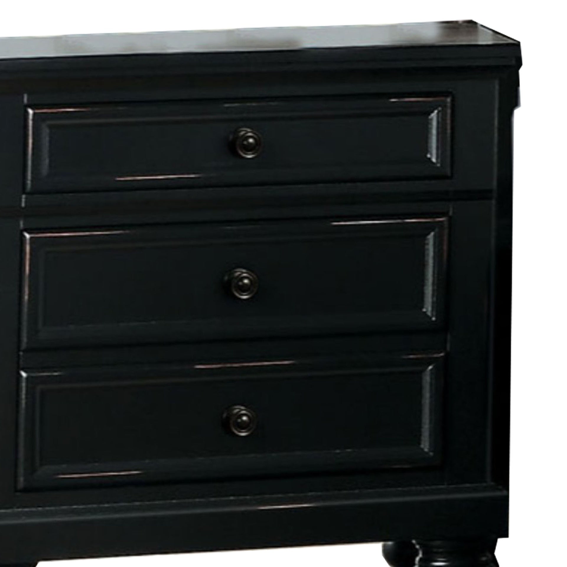 Transitional Style Two Drawer Wooden Night Stand with Round Bun Legs, Black