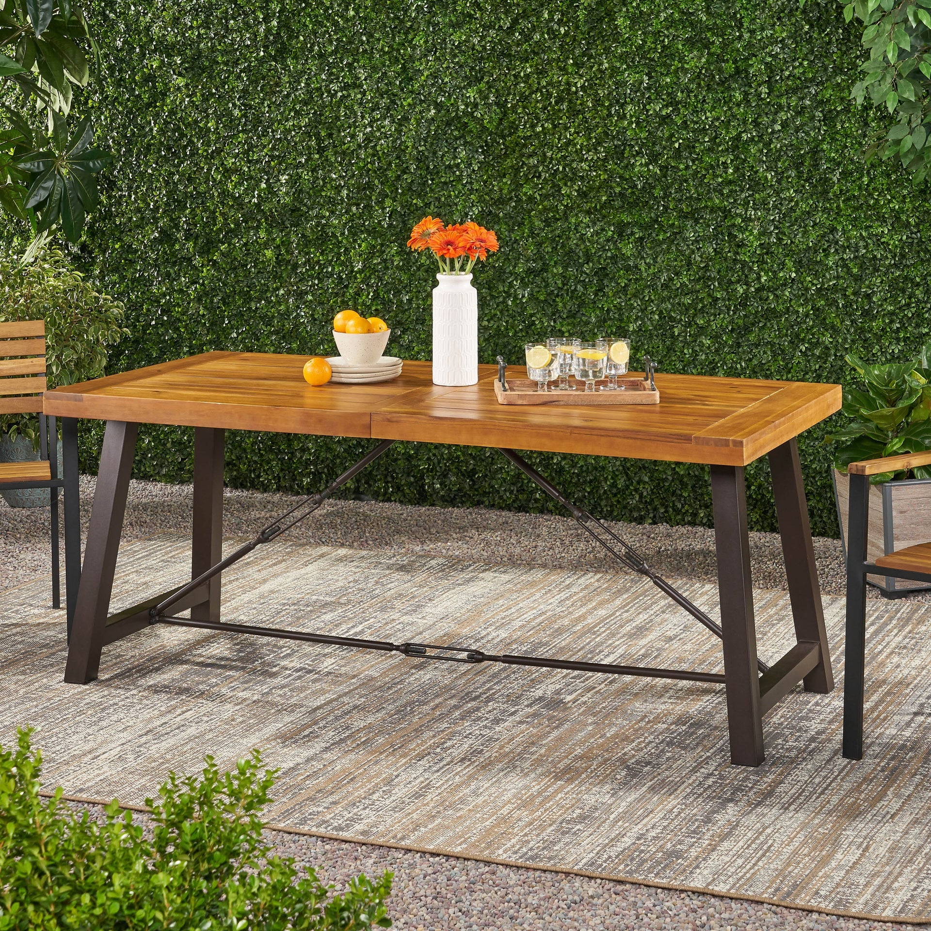 Outdoor Acacia Wood Metal Base Dining Table, Teak