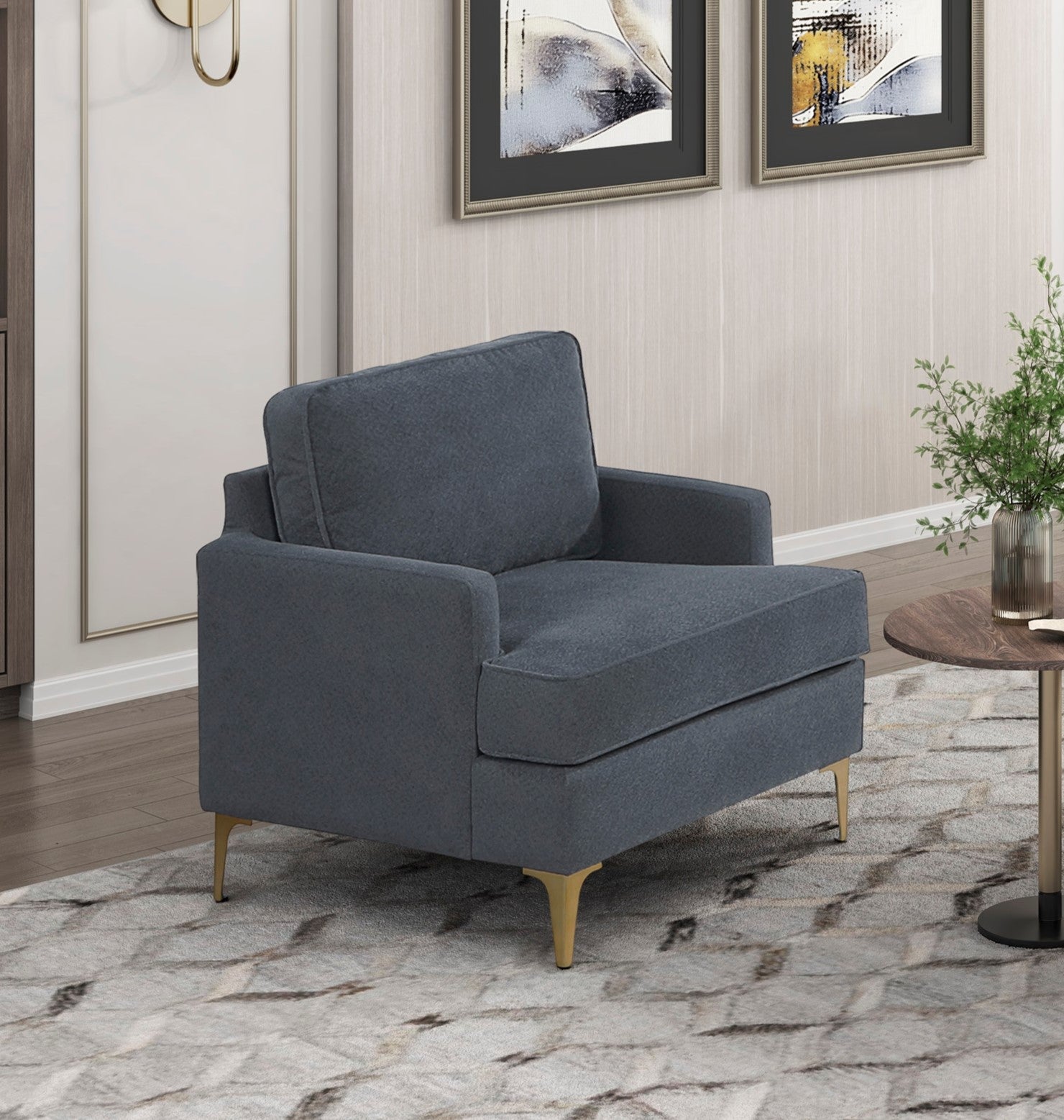 Modern Comfort Accent Chair 1pc Gray Chenille Upholstery Gold Finish Metal Legs Living Room Furniture Durable Plywood