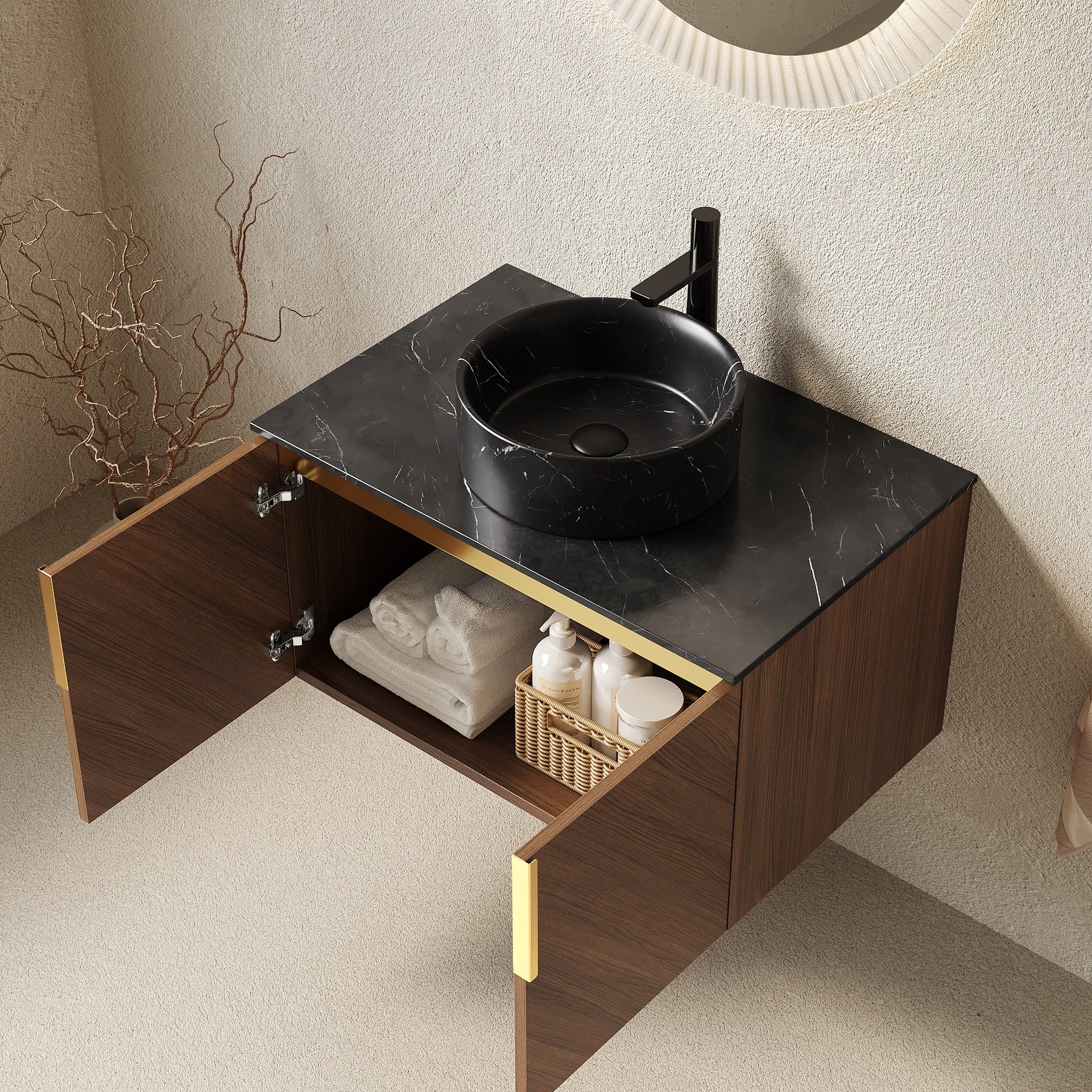 ARAI 30" Bathroom Vanity&Sink, Wall-Mounted Plywood Bathroom Storage Cabinet with Double Doors, Black Sintered Stone Countertop&Black Round Ceramic Basin with Stone Pattern, Brown Oak Woodgrain Color