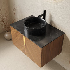 ARAI 30" Bathroom Vanity&Sink, Wall-Mounted Plywood Bathroom Storage Cabinet with Double Doors, Black Sintered Stone Countertop&Black Round Ceramic Basin with Stone Pattern, Brown Oak Woodgrain Color