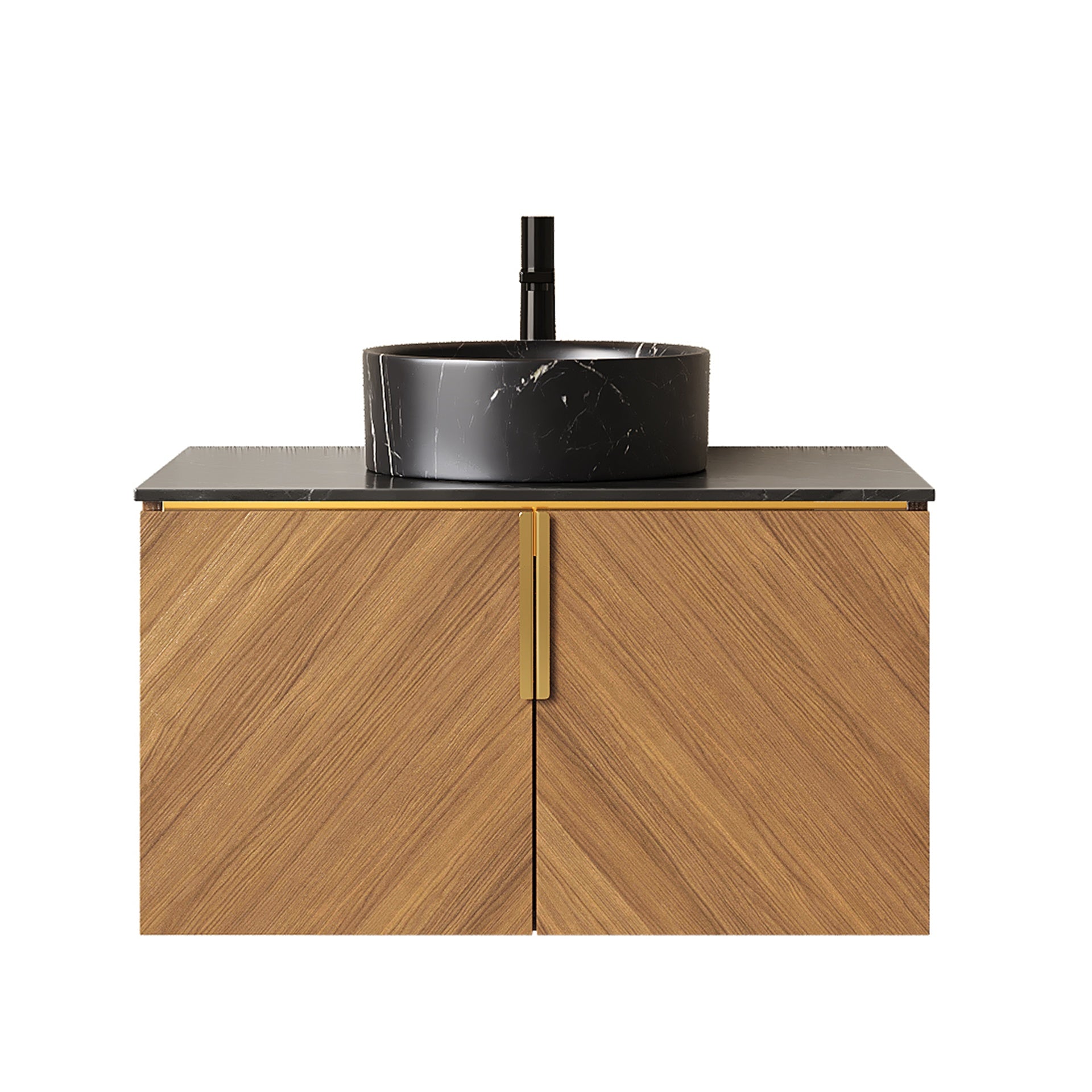 ARAI 30" Bathroom Vanity&Sink, Wall-Mounted Plywood Bathroom Storage Cabinet with Double Doors, Black Sintered Stone Countertop&Black Round Ceramic Basin with Stone Pattern, Brown Oak Woodgrain Color