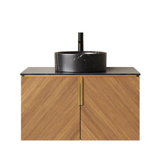 ARAI 30" Bathroom Vanity&Sink, Wall-Mounted Plywood Bathroom Storage Cabinet with Double Doors, Black Sintered Stone Countertop&Black Round Ceramic Basin with Stone Pattern, Brown Oak Woodgrain Color