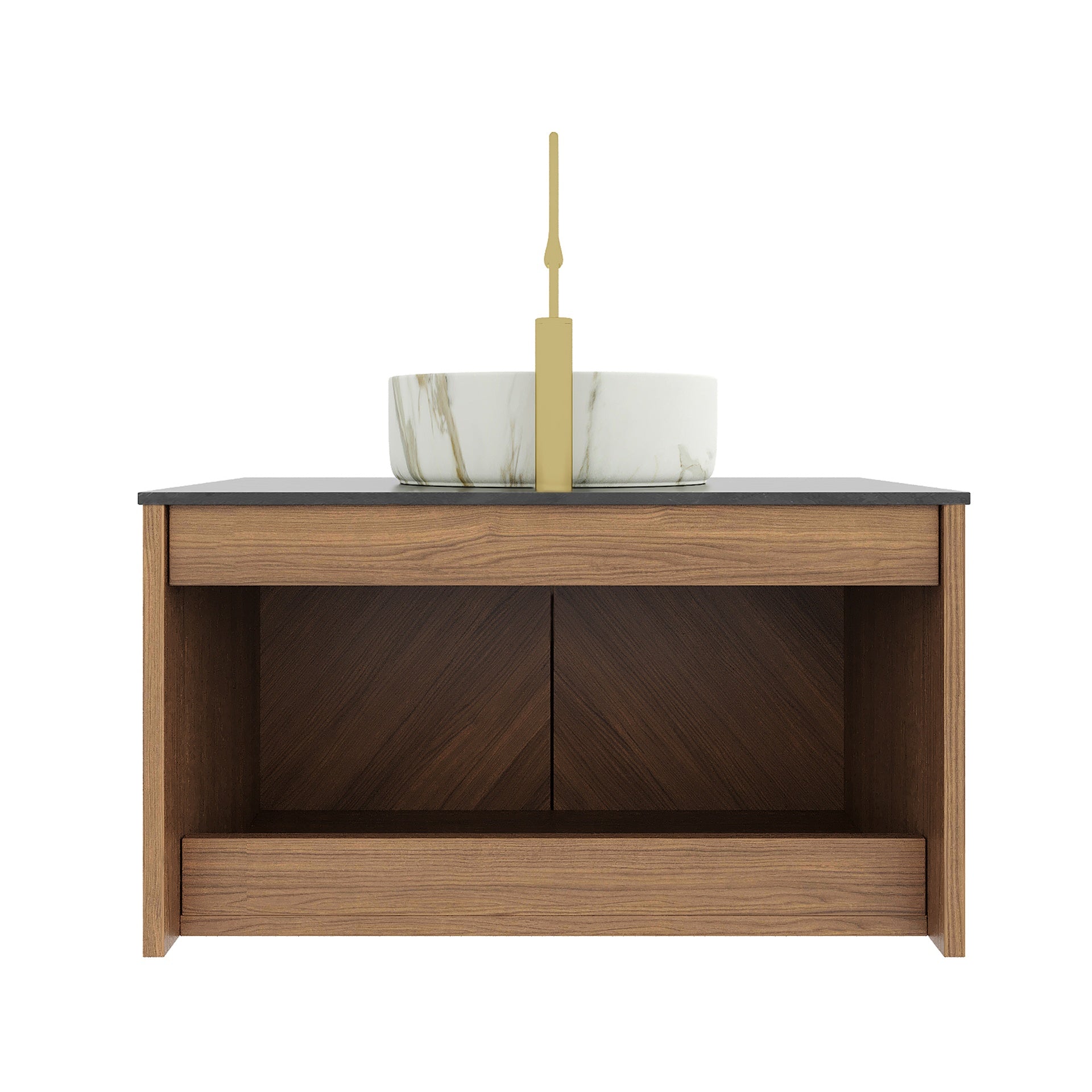ARAI 30" Bathroom Vanity&Sink, Floating Plywood Bathroom Storage Cabinet with 2 Doors, Black Sintered Stone Countertop&White Round Ceramic Basin with Stone Pattern, Brown Oak Woodgrain Color (New SKU)