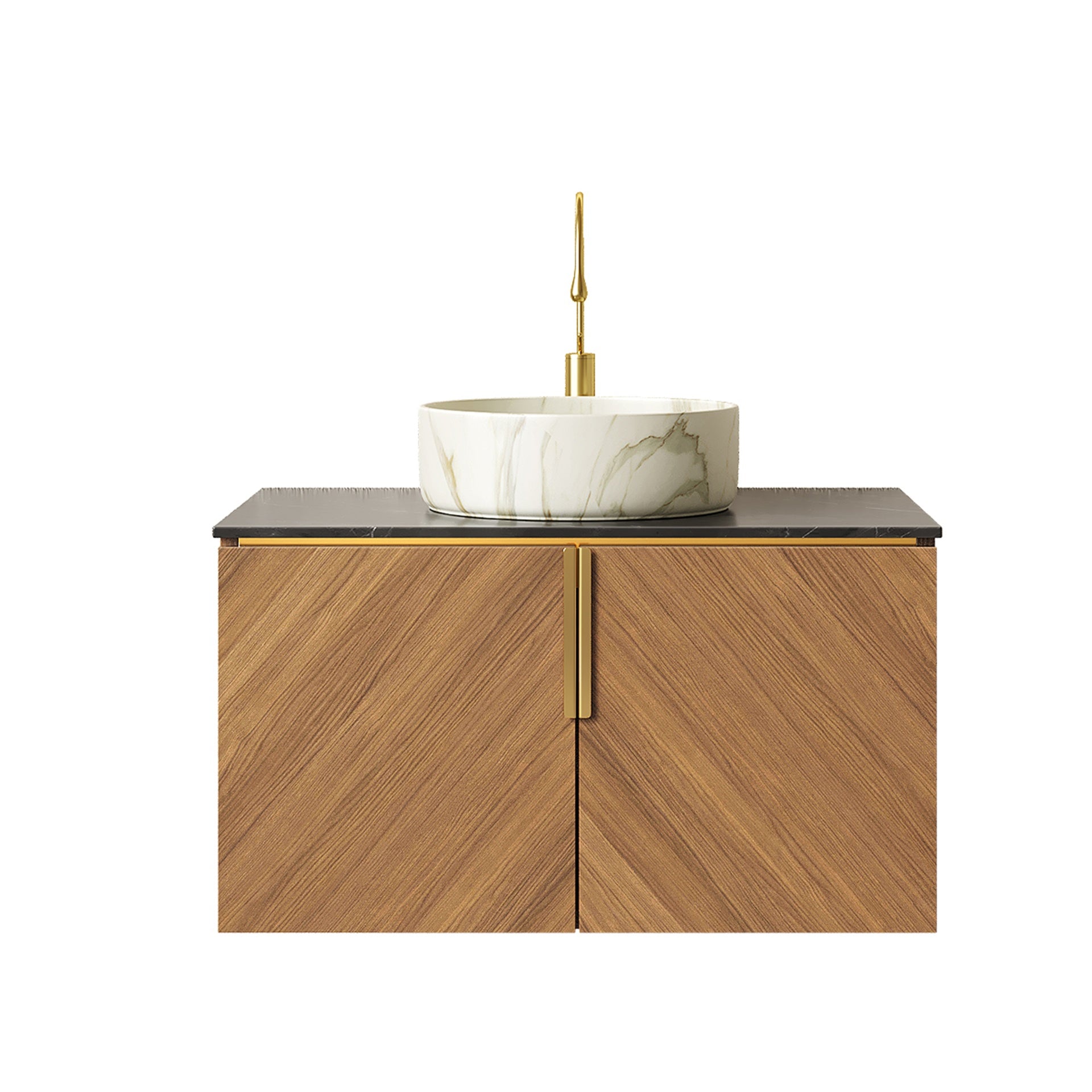 ARAI 30" Bathroom Vanity&Sink, Floating Plywood Bathroom Storage Cabinet with 2 Doors, Black Sintered Stone Countertop&White Round Ceramic Basin with Stone Pattern, Brown Oak Woodgrain Color (New SKU)