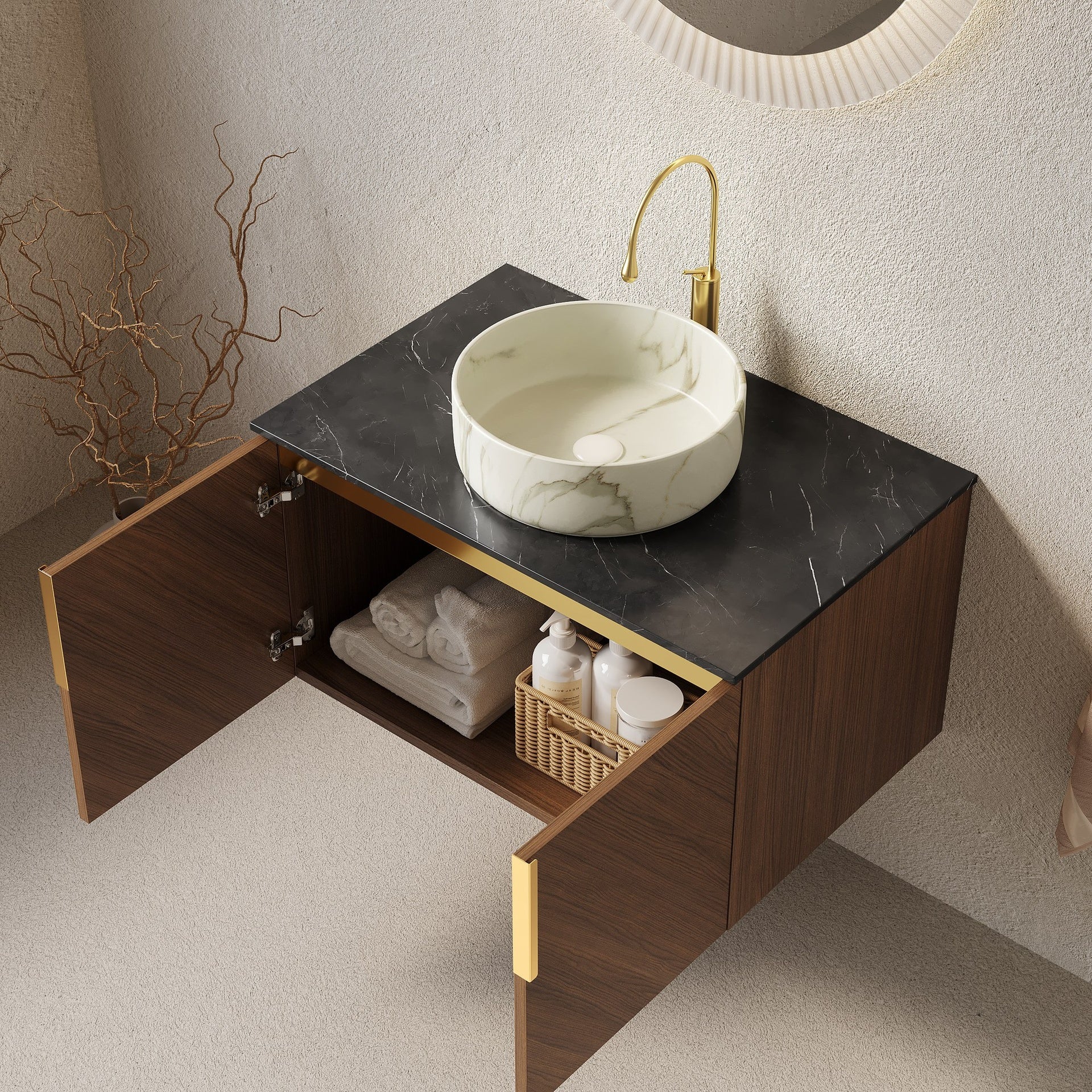ARAI 30" Bathroom Vanity&Sink, Floating Plywood Bathroom Storage Cabinet with 2 Doors, Black Sintered Stone Countertop&White Round Ceramic Basin with Stone Pattern, Brown Oak Woodgrain Color (New SKU)