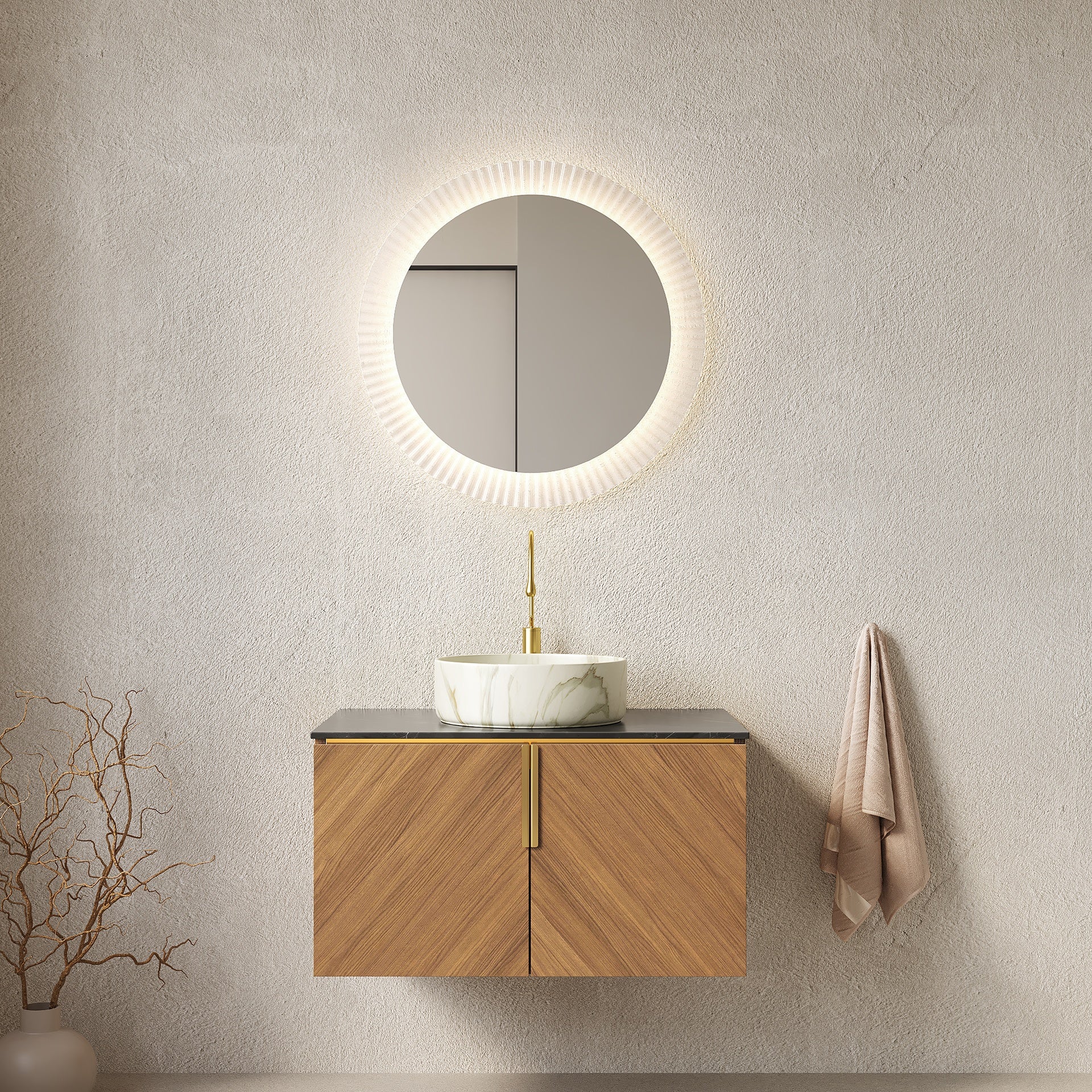 ARAI 30" Bathroom Vanity&Sink, Floating Plywood Bathroom Storage Cabinet with 2 Doors, Black Sintered Stone Countertop&White Round Ceramic Basin with Stone Pattern, Brown Oak Woodgrain Color (New SKU)