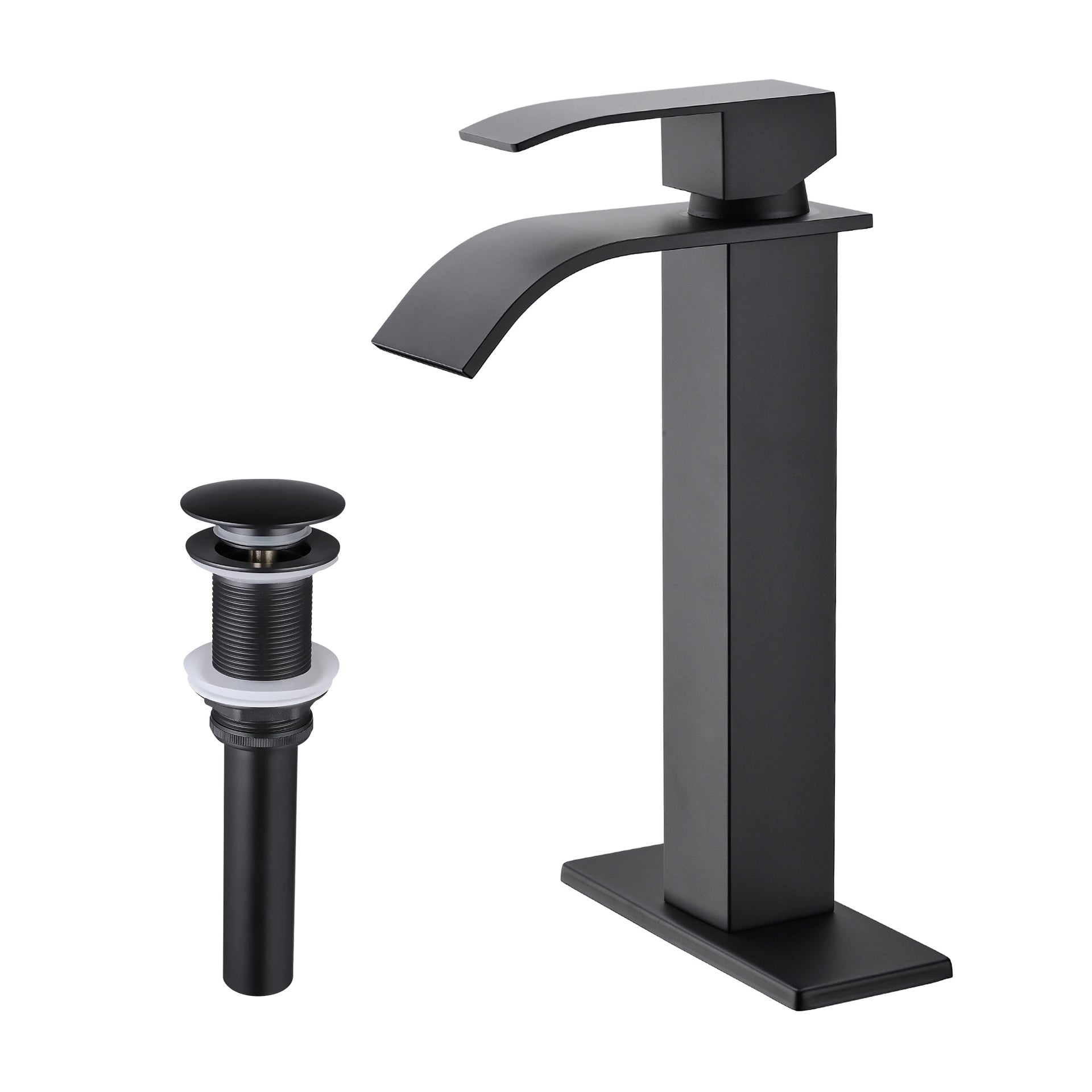 Waterfall Spout Bathroom Sink Single Handle Faucet with Pop-Up Drain (No Overflow)