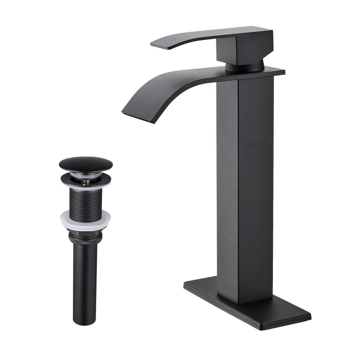 Waterfall Spout Bathroom Sink Single Handle Faucet with Pop-Up Drain (No Overflow)