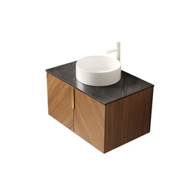 ARAI 30" Bathroom Vanity with Sink, Wall-Mounted Plywood Bathroom Storage Cabinet with Double Doors, Black Sintered Stone Countertop and White Round Ceramic Basin, Brown Oak Woodgrain Color