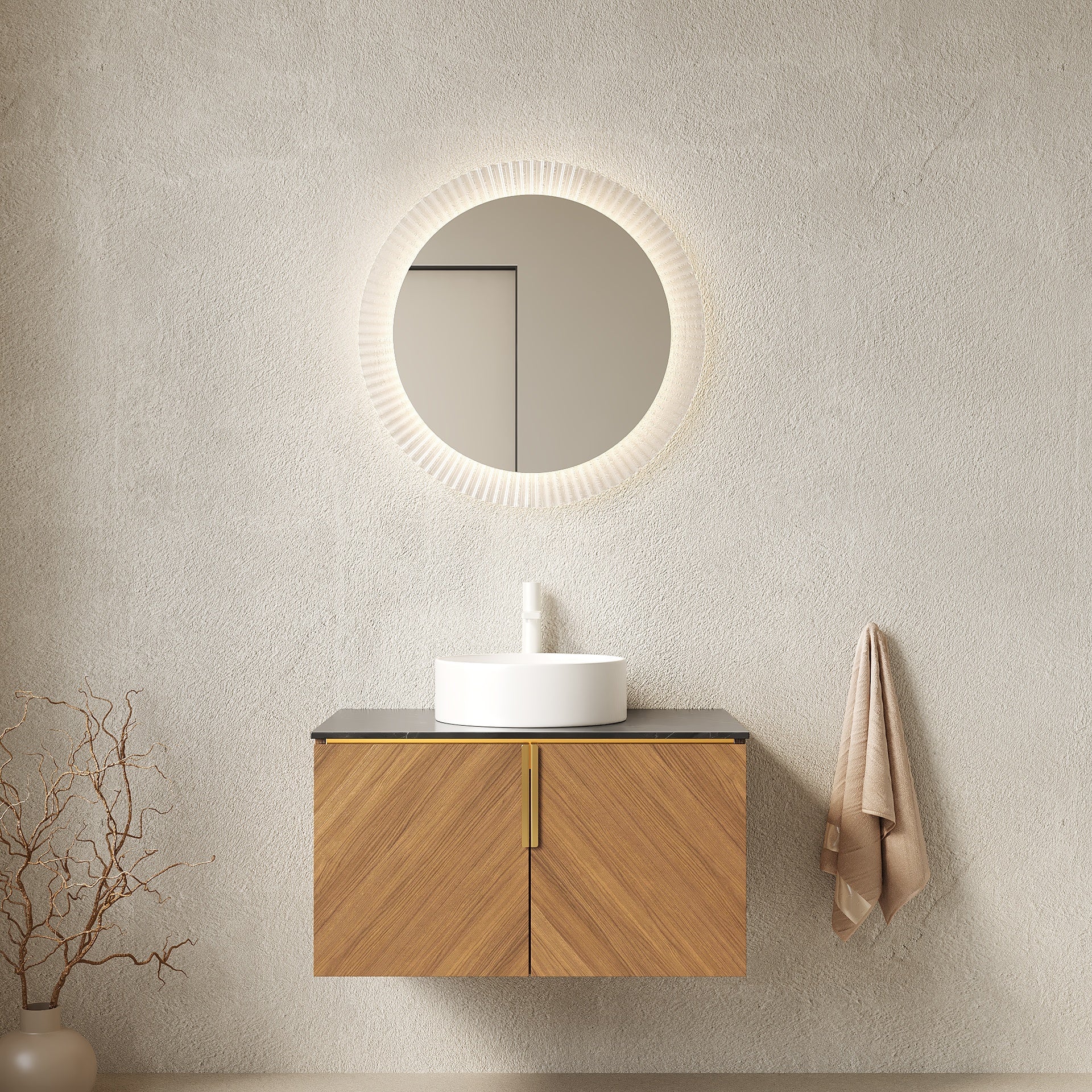 ARAI 30" Bathroom Vanity with Sink, Wall-Mounted Plywood Bathroom Storage Cabinet with Double Doors, Black Sintered Stone Countertop and White Round Ceramic Basin, Brown Oak Woodgrain Color