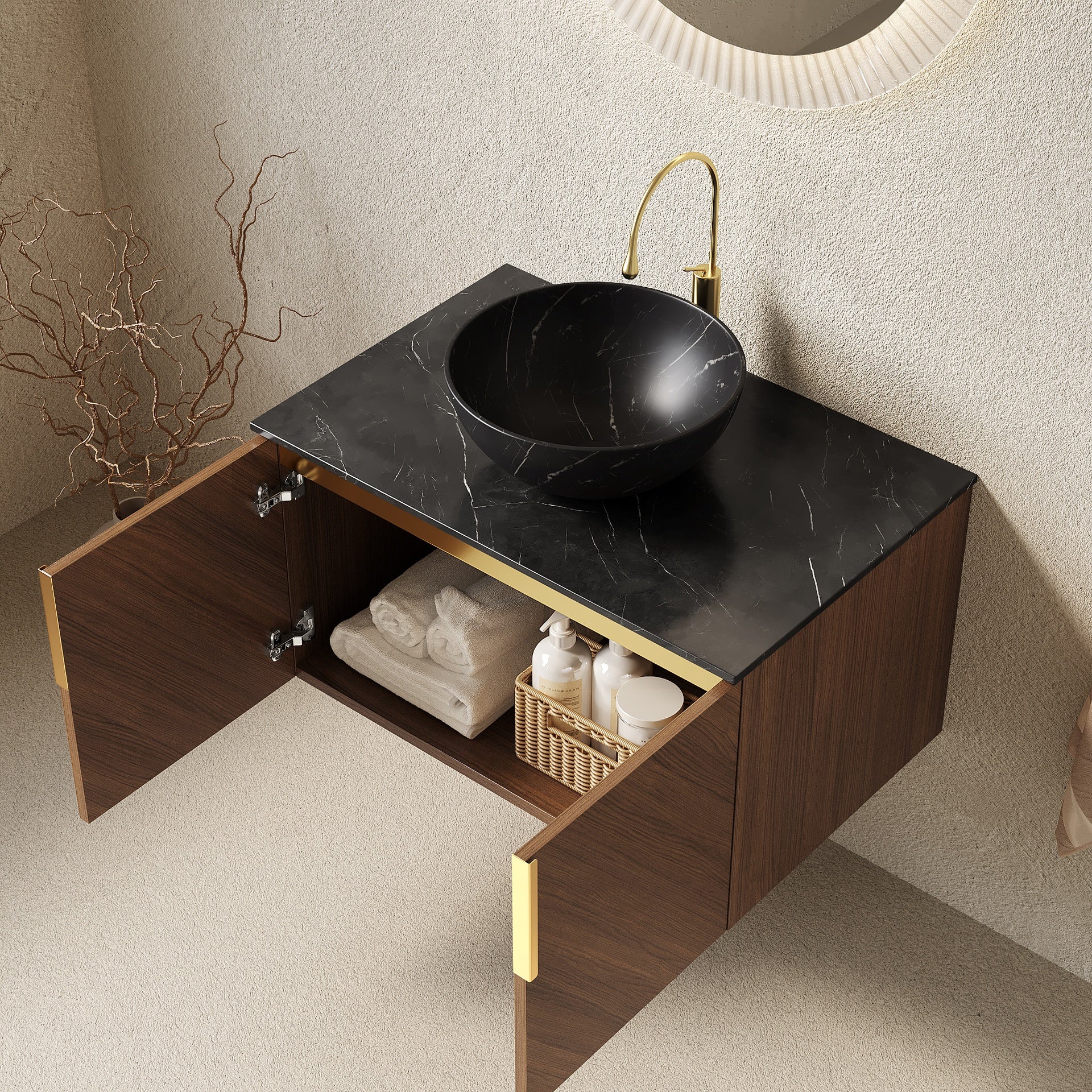 ARAI 30" Bathroom Vanity&Sink, Floating Plywood Bathroom Storage Cabinet with 2 Doors, Black Sintered Stone Top&Black Bowl Ceramic Basin with Stone Pattern, Brown Oak Woodgrain (New SKU)