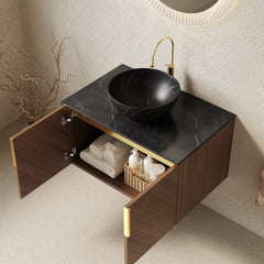 ARAI 30" Bathroom Vanity&Sink, Floating Plywood Bathroom Storage Cabinet with 2 Doors, Black Sintered Stone Top&Black Bowl Ceramic Basin with Stone Pattern, Brown Oak Woodgrain (New SKU)