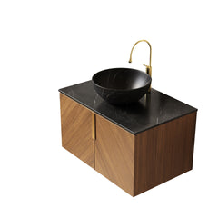 ARAI 30" Bathroom Vanity&Sink, Floating Plywood Bathroom Storage Cabinet with 2 Doors, Black Sintered Stone Top&Black Bowl Ceramic Basin with Stone Pattern, Brown Oak Woodgrain (New SKU)