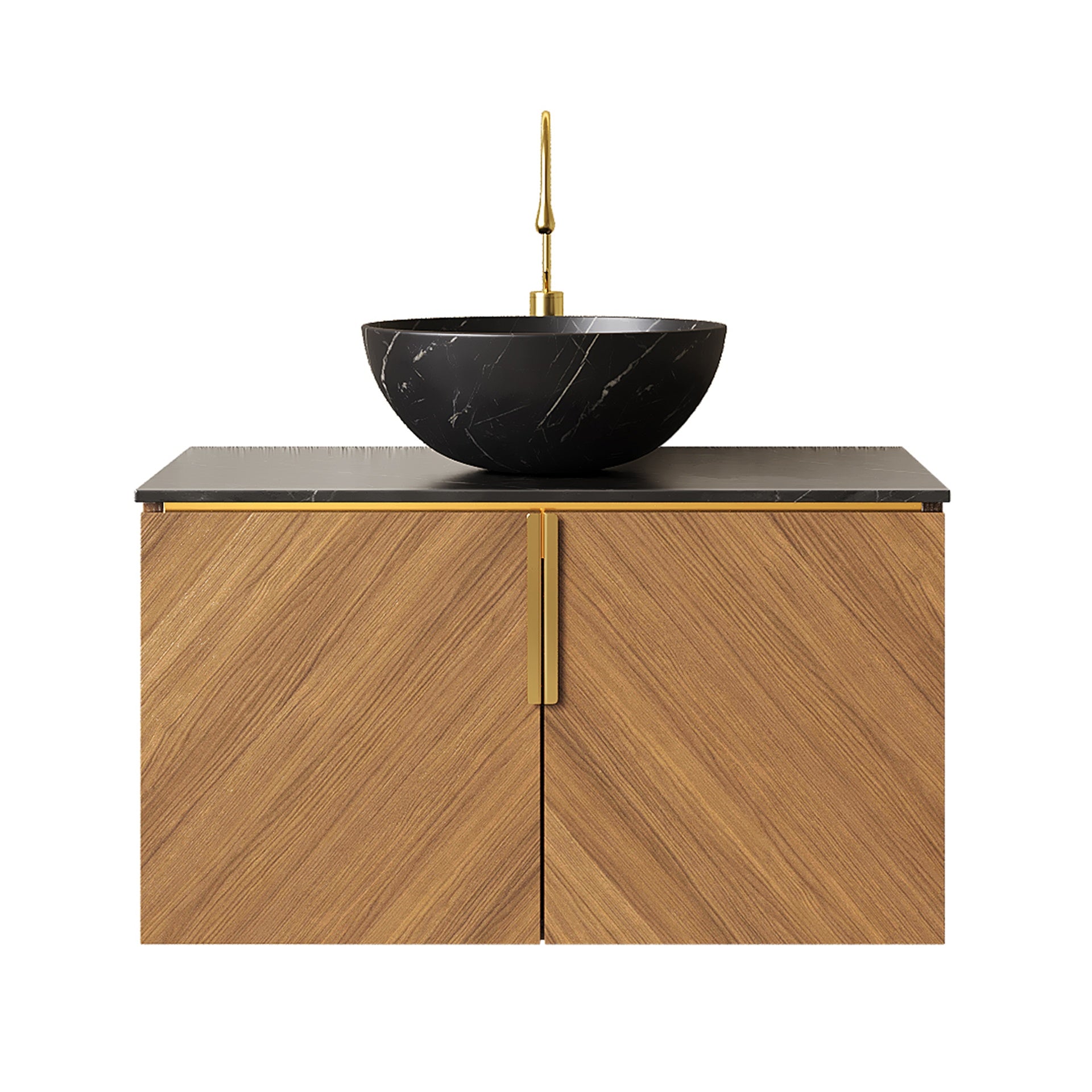 ARAI 30" Bathroom Vanity&Sink, Floating Plywood Bathroom Storage Cabinet with 2 Doors, Black Sintered Stone Top&Black Bowl Ceramic Basin with Stone Pattern, Brown Oak Woodgrain (New SKU)