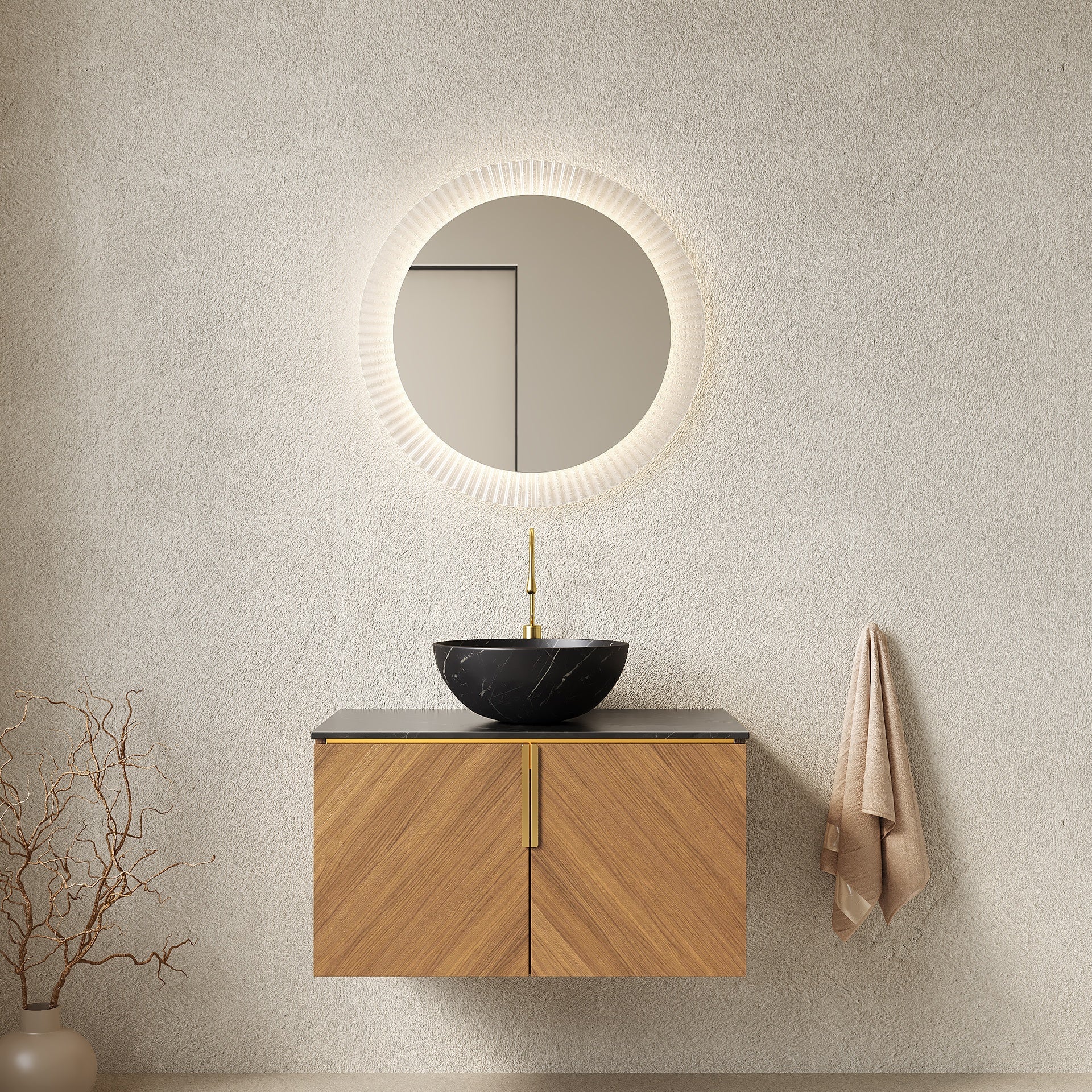 ARAI 30" Bathroom Vanity&Sink, Floating Plywood Bathroom Storage Cabinet with 2 Doors, Black Sintered Stone Top&Black Bowl Ceramic Basin with Stone Pattern, Brown Oak Woodgrain (New SKU)