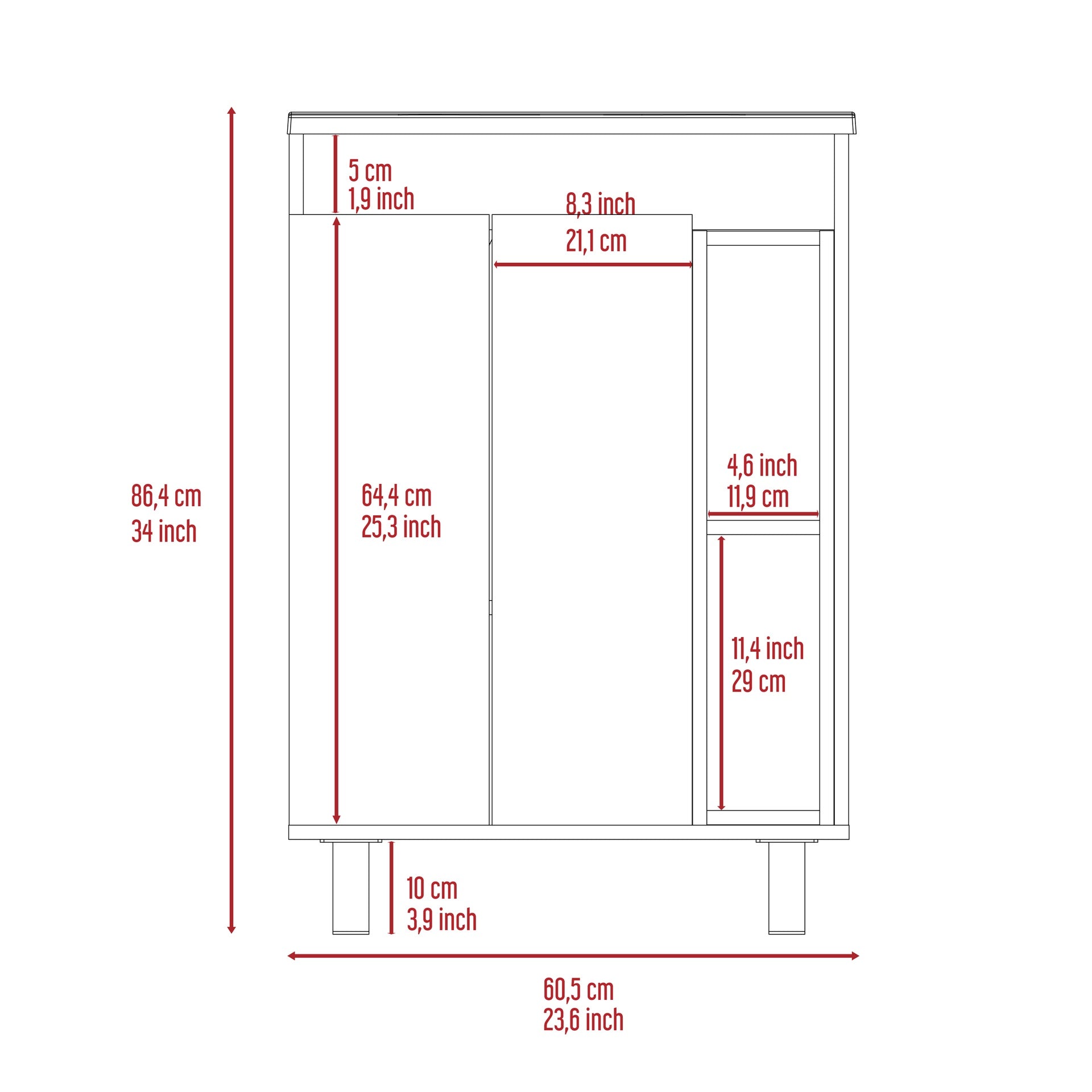 Palmer 24" Free Standing Vanity Cabinet, One Cabinet With Division, Two Small Shelves