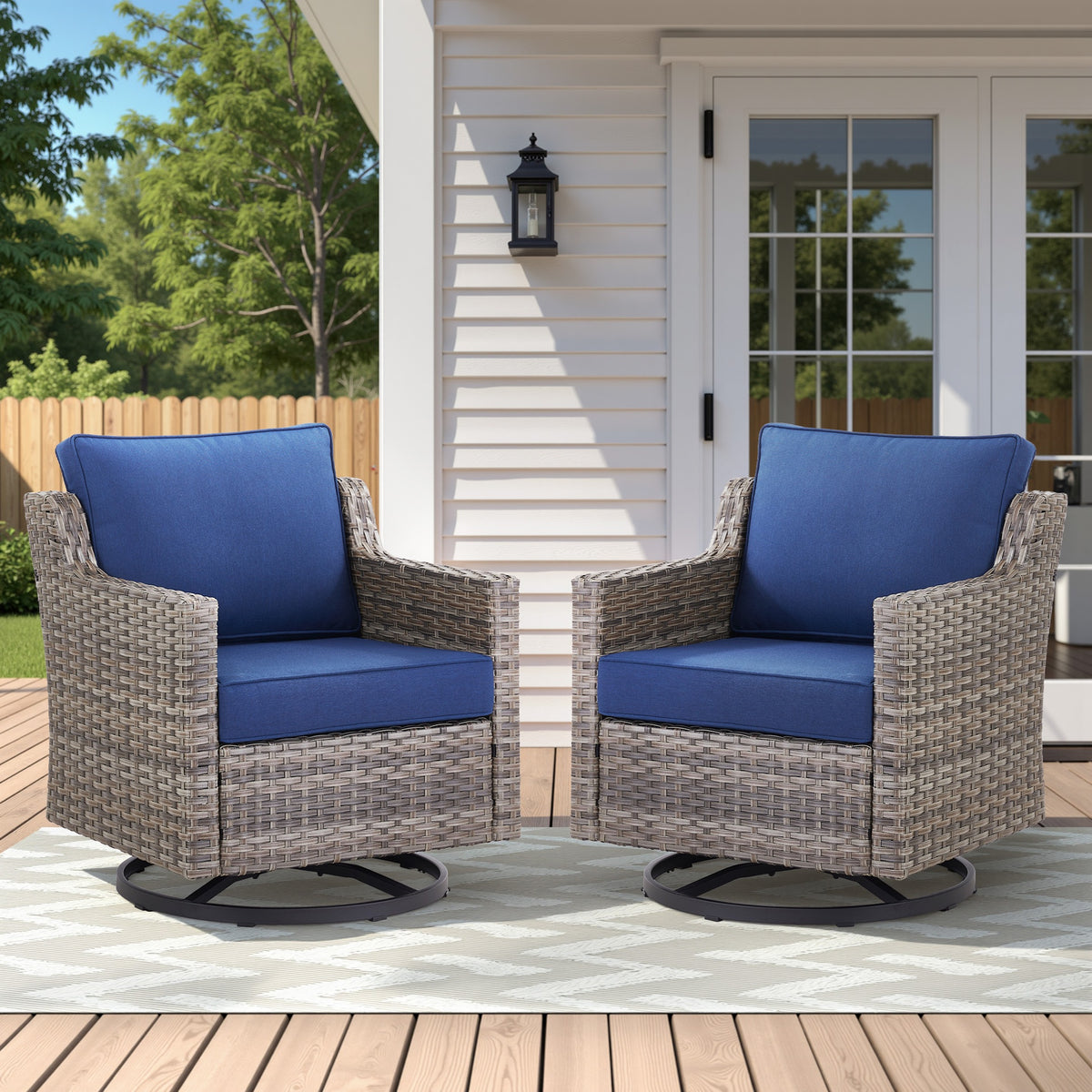Outdoor Swivel Rocker Patio Chairs Set of 2, Gray Wicker Furniture Swivel Patio Chairs Ideal for Porch, Poolside, Deck, and Yard in Blue