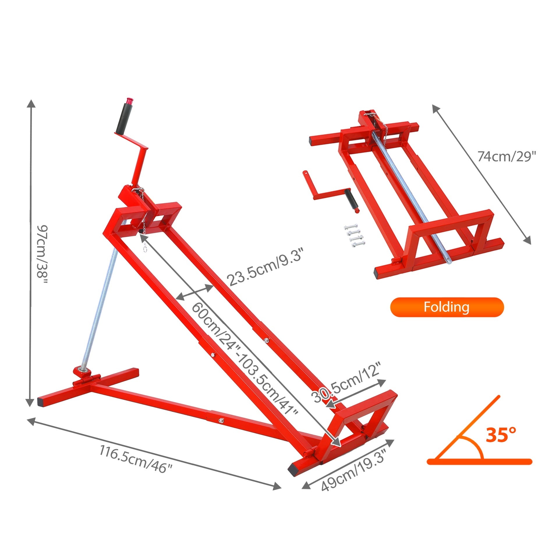 Heavy Duty Steel Riding Mower Lift, 880 Lbs Lawn Mower Lift Jack, Foldable Lawn Tractor Lift, Telescopic Maintenance Jack with Manual & Power Tool Handle for Lawn Mowers and Garden Tractors, Red