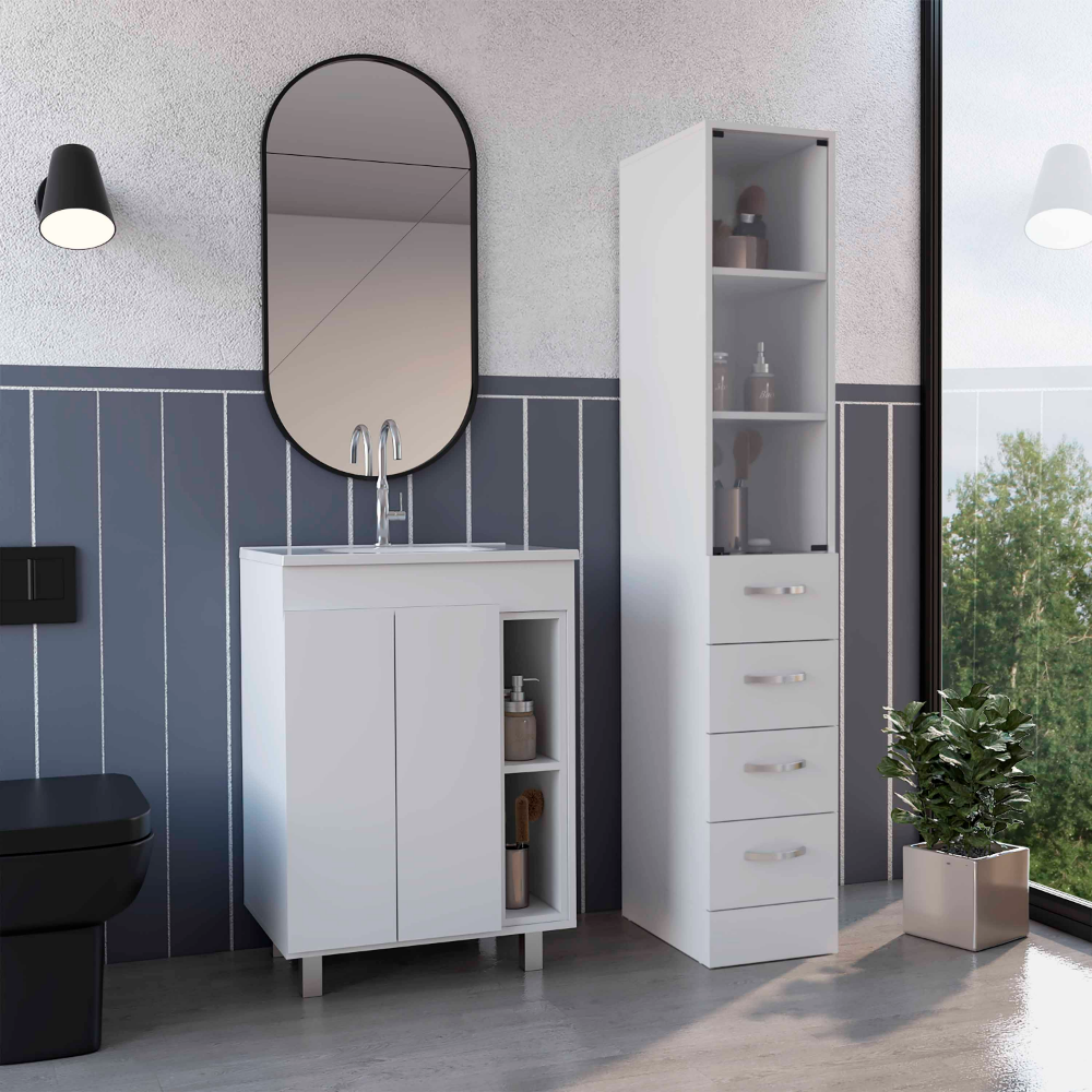 2 Piece Bathroom Set with Sink,  Acra Free Standing Vanity + Magna Linen Cabinet , White