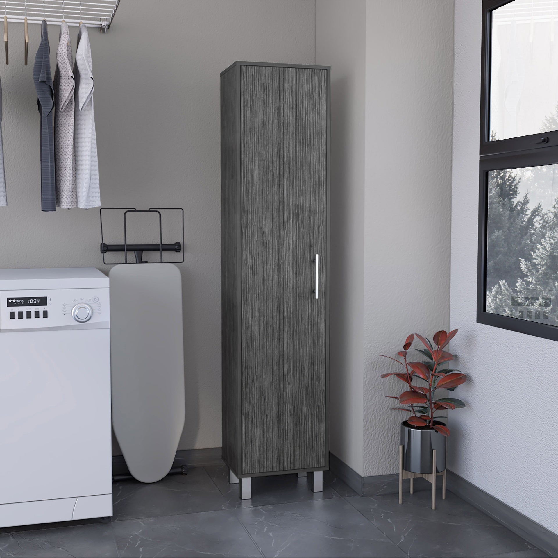70.8H" Tall Narrow Storage Cabinet with 5-Tier Shelf, 3 Broom Hangers and Metal hardware, Smokey Oak