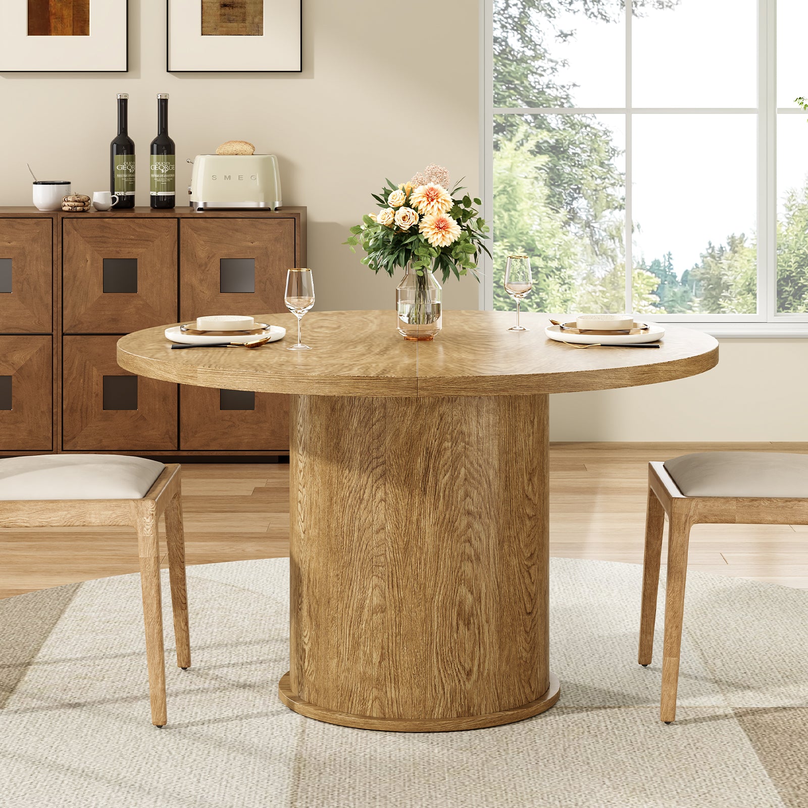 43" Round Dining Table for 4 People, Small Kitchen Dining Table with Wood Top and Sturdy Metal Pedestal Base, Modern Round Dinner Table for Dining Room, Easy Assembly