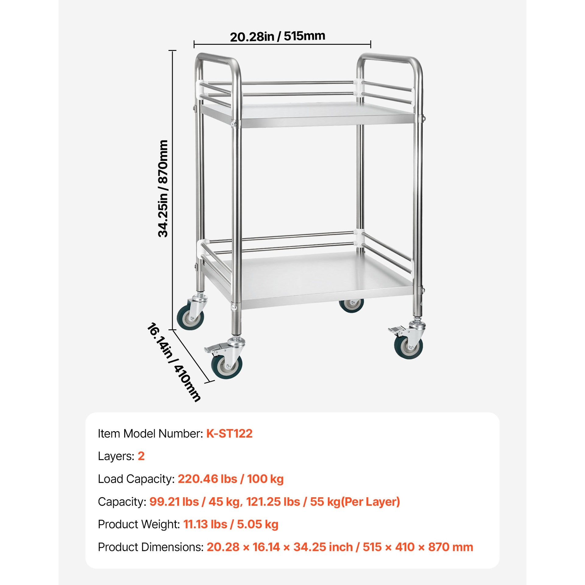 Stainless Steel Cart, 2-Tier Rolling Lab Utility Cart with Lockable Wheels, Medical Serving Trolley Clinic Tray, Heavy Duty Mobile Service Storage Tray for Hospital, Restaurant, Kitchen, Salon