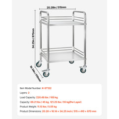 Stainless Steel Cart, 2-Tier Rolling Lab Utility Cart with Lockable Wheels, Medical Serving Trolley Clinic Tray, Heavy Duty Mobile Service Storage Tray for Hospital, Restaurant, Kitchen, Salon