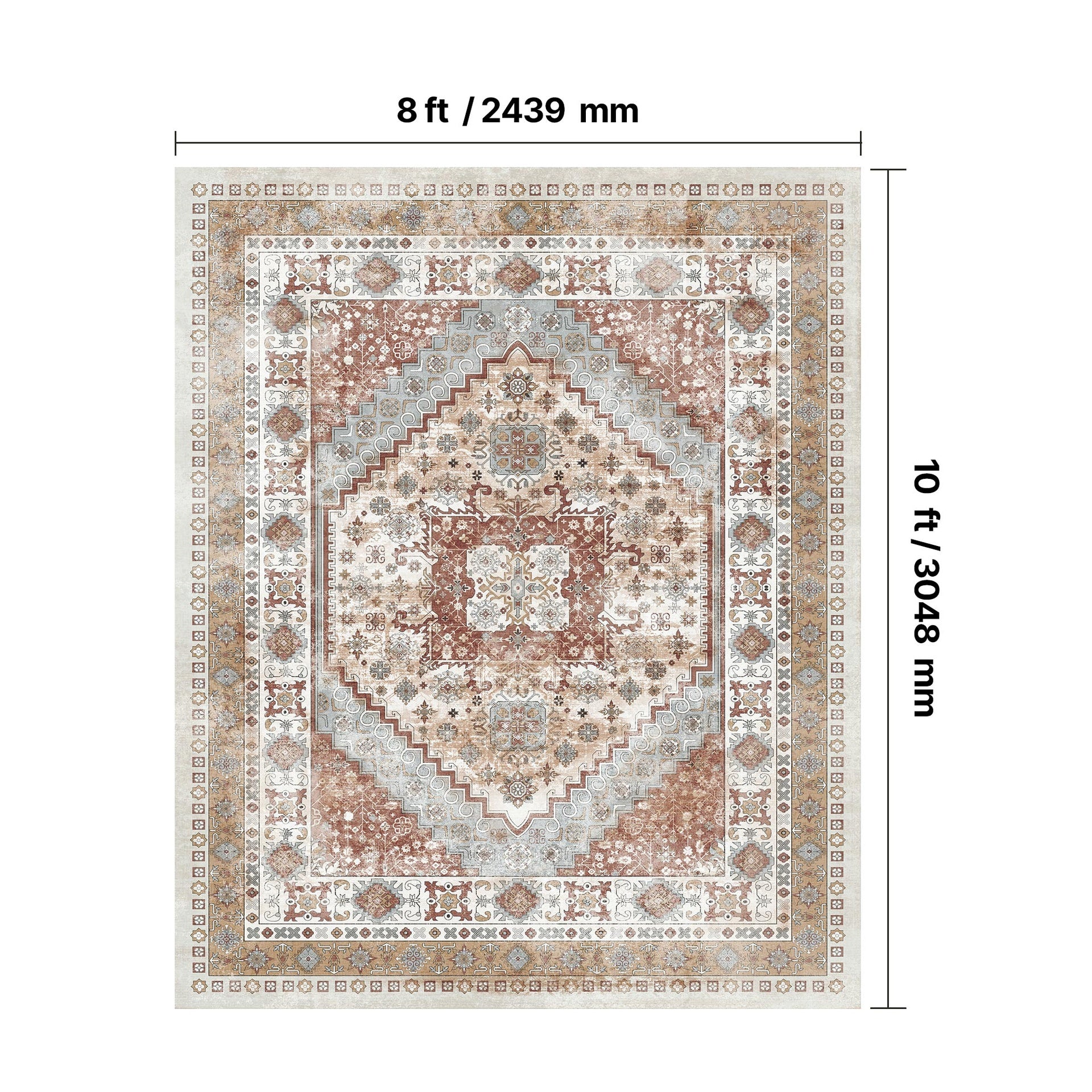 Large Area Rug 8 x 10 ft Anti-Skid Tear-Resistant Floor Mat Vintage Brown Red
