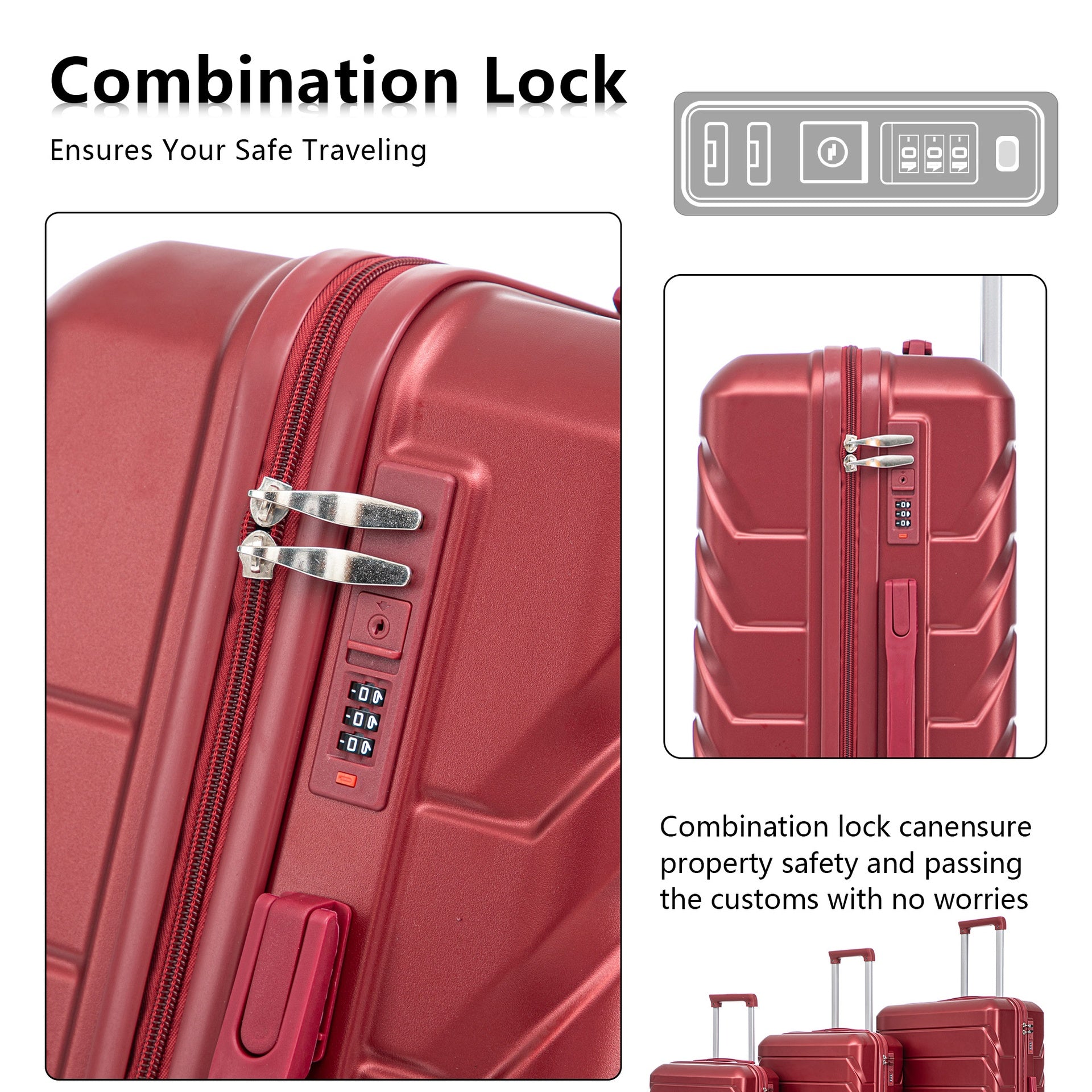 20"/24"/28" 3 pcs/set in ABS Spinner Wheel Luggage, Matching Color , With Combination Lock (Wine Red)