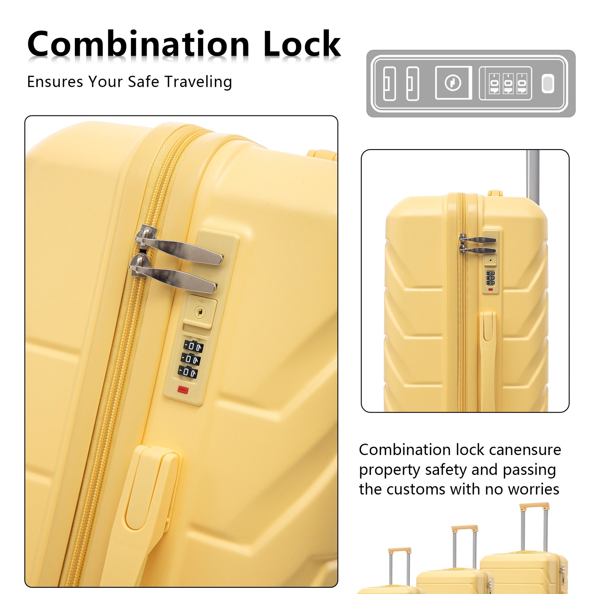 20"/24"/28" 3 pcs/set in ABS Spinner Wheel Luggage, Matching Color , With Combination Lock (Yellow)