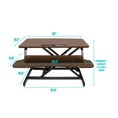 32 Inch Desk Converter, Height Adjustable Sit to Stand Riser, Dual Monitor and Laptop Workstation with Wide Keyboard Tray, Walnut Color